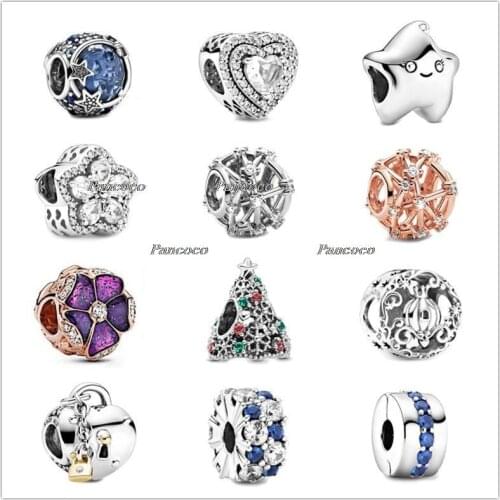 925 Sterling Silver Rose Sparkling Snowflake Pave Charm Bead Fit Women Pandora Bracelet & Necklace Jewelry
