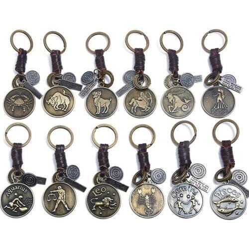 Zodiac Sign Keychain 12 Constellation Leo Libra Scorpio Star Sign Aquarius Pendants Keyring Key Holder Vintage Fashion Birthday