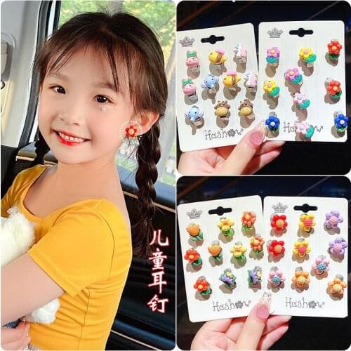 10pcs No Hole Clip Earrings Girl Kid Cartoon Animal Flower Resin Ear Clips Pin Holeless Ear Accessories Ear Jewelry Earring