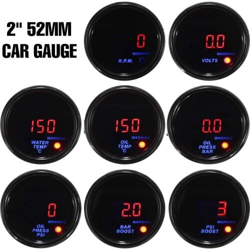 52mm Car Digital LED Gauge Turbo Boost BAR/PSI Oil Pressure/Temperature Water Temp Tachometer Voltage Meter w/ Warning Feature