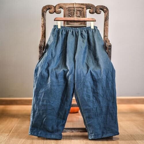 Women High Quality Ramie Pants Big Size 2020 Autumn Winter Linen Loose Elastic Waist Vintage Casual Pants Wide Leg Trousers