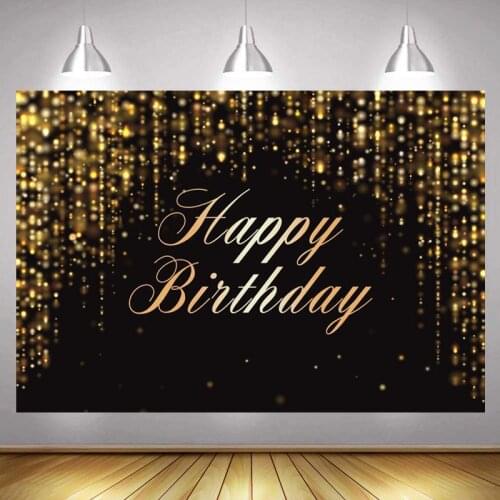 Happy Birthday Party Backdrop Black Gold Glitter Bokeh Sequin Spots Photography Background Golden Sparkle Shining Dots Banner