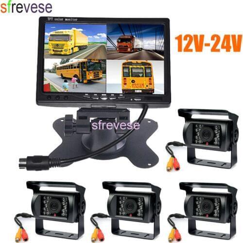 4x 18 IR Night Vision Reversing Parking Backup Camera + 7" LCD 4CH Quad Split Monitor 12V-24V Car Rear View Kit for Bus Truck