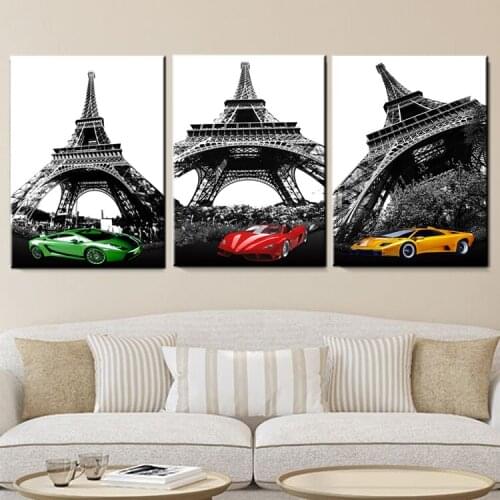The Paris Eiffel Tower sports car Modular pictures painting Print on Canvas Modular wall painting canvas painting oil painting