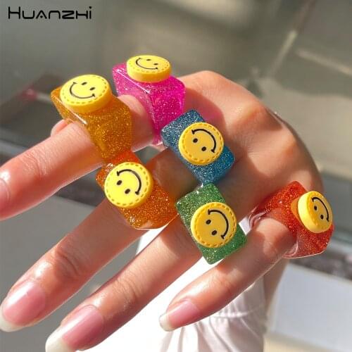 HZ 2021 New Transparent Shining Colorful Solid Color Rectangle Simple Cartoon Smiley Face Resin Acrylic Rings for Women Jewelry