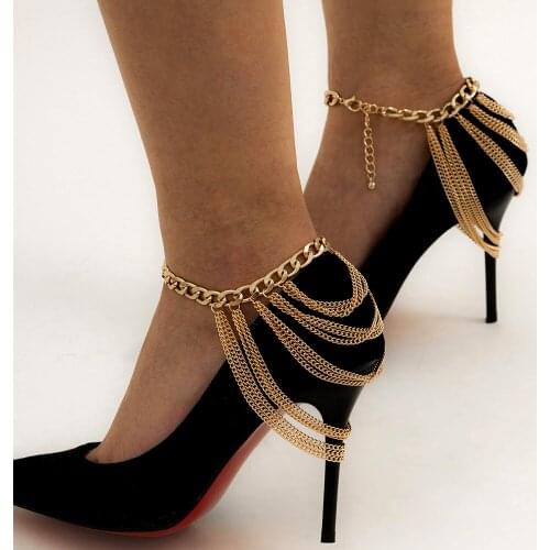 2PCS Hip Hop Temperament Tassel Anklet For Women Geometric Metal Chain Shoe Chain Ornaments 2021 New Emo Street Accessories Gift