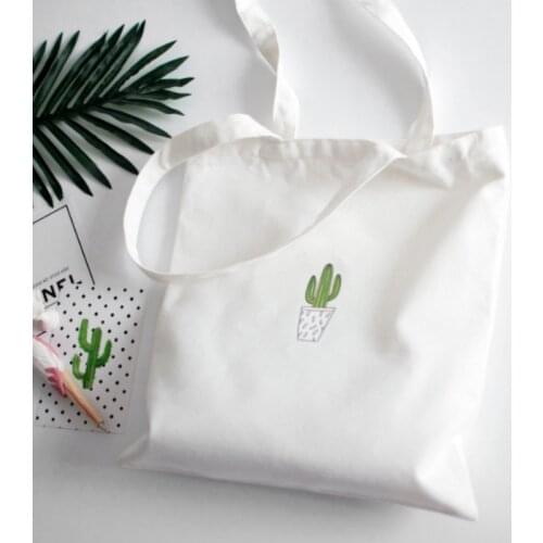 Cute Cactus Print Reusable Shopping Bag Women Canvas Tote Cartoon Printing Eco Shopper Shoulder Bags Foldable Handbag White