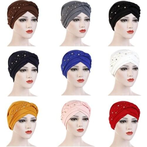 Muslim Hijab Scarf Solid Color Women Headwear Turban with Beaded Crystal and Braids Islamic Inner Cap Ladies Headwrap Hat New
