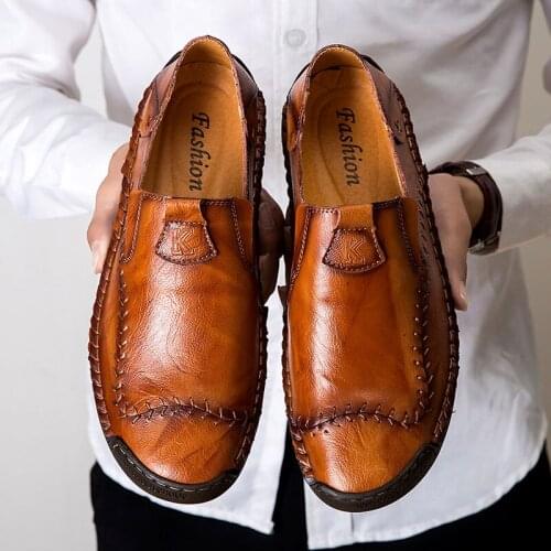 2019 Spring Handmade Genuine Leather Shoes Casual Men Shoes For Soft Slip On Man big sizes 48 Flats Moccasin loafers brown