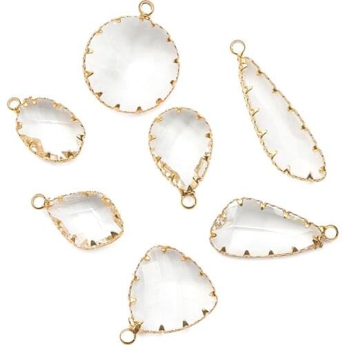Gold plated Copper flat wrapped Faceted Glass Crystal Charm Pendants for Bracelet Necklace Jewelry Making DIY Earring Findings