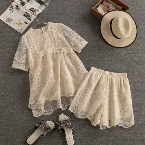 Solid Sweet Style Lace Women Shorts Sets Summer New Design 2021 Hollow Out Loose Elegant Office Lady Clothing Suits