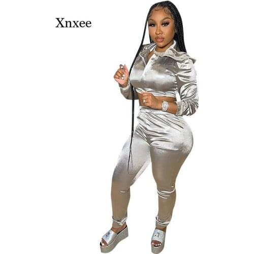 Autumn and Winter Womens Zipper Sportswear Two-Piece Hoodie Sweatshirt Short Top and Tights Sweatpants Suit