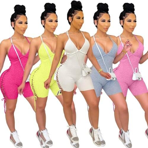 Casual Women Short Playsuit Side Hollow Out Knit Ribbed Backless Bandage Fitness Short Romper Women Jumpsuit Outfit