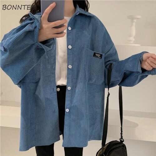 Shirts Women All-match Daily Corduroy Pockets Pure Casual Turn-down Collar Popular Loose Outerwear Single-breasted Lady Clothes