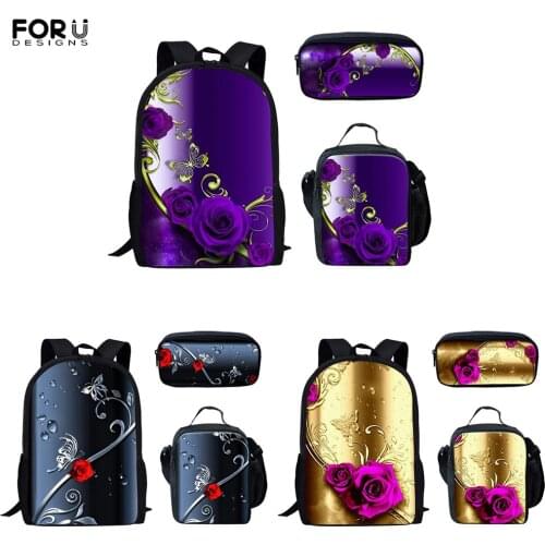 FORUDESIGNS Fashion Style Backpack For Women Girls Art Rose Flower Printed Teenager Kid Child Back To School Bags Set Mochilas