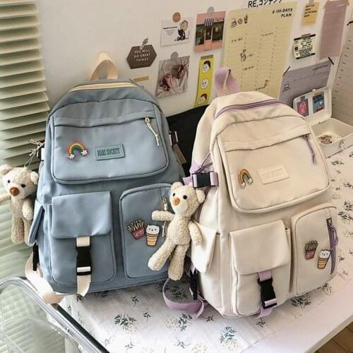 Bear Pendant Backpack for Women Casual Solid Simple Students Bagpack Teenage Girls Preppy Shoulder Rucksack Travel Bag New