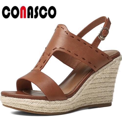 CONASCO Women Sandals Genuine Leather Fashion Concise 2020 Summer New Peep Toe Wedges Heels Pumps Platforms Casual Shoes Woman