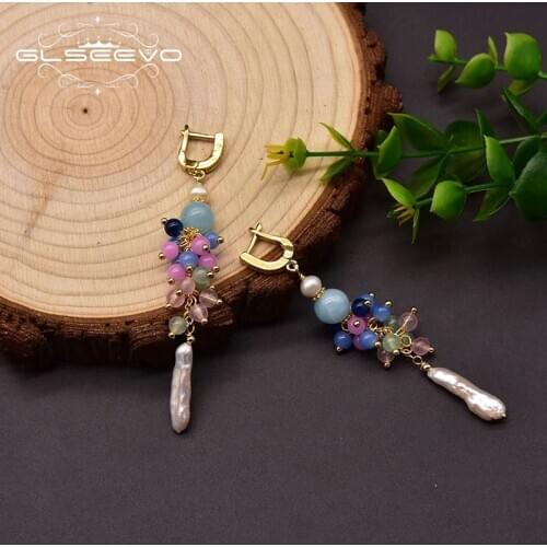GLSEEVO Natural Freshwater Baroque Pearl Earrings For Woman Anniversary Colorful Stone Glass High-end Handmade Jewelry GE1025