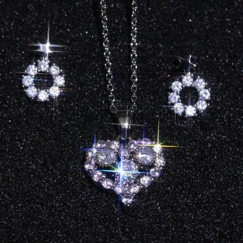 Cute Female Crystal Love Heart Jewelry Set Charm Silver Color Stud Earring For Women Dainty White Zircon Wedding Chain Necklace