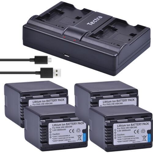 Tectra 4PCS VW-VBK360 VBK360 Li-ion Camera Battery + USB Dual Channel Charger for Panasonic HDC-TM40 HDC-TM41 HDC-TM55 HDC-TM60