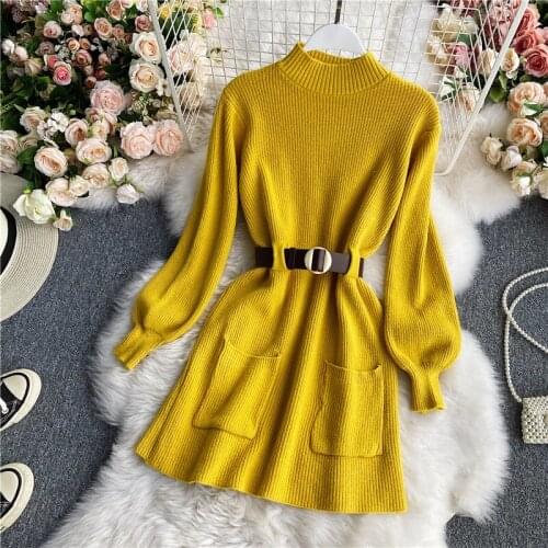Knitting Sashes Dresses Solid Yellow Long Sleeve Casual Elegant Mini Sweater Robe Pocket Rib Clothes Pullover Vestidos Clothes