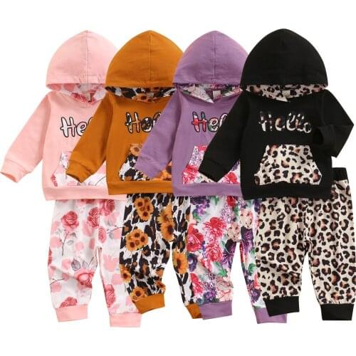 Spring Autumn Clothes For Kid Baby Girl Outfit Set Letter Hoodie Top + Floral Printed Trousers Children Clothing Sets