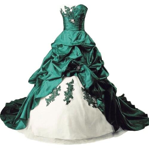 Vintage Ruched Ball Gown Wedding Dress For Women 2021 Sweetheart Long Taffeta Bridal Dresses Appliqued Lace Green And White