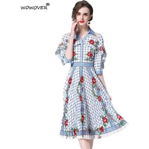 Womens Fashion Runway Plaid Floral Printed Pleated Dress for Summer Turn Down Collar Patchwork Lace Midi Holiday Casual Robe