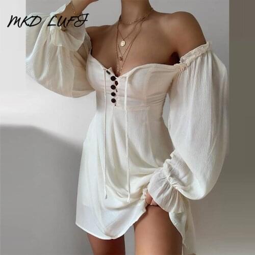 Off Shoulder Button Design Lantern Sleeve Dress Women