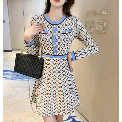 Autumn Runway Korean Womens Knitted Plaid Hit Color Chic Elegant Sweet Sweater Slim Dress Vestidos Robe