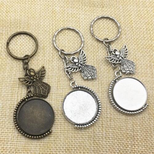 2pcs/lot 3color Key Chains Angel Charm 25mm Rotatable Blank Base Cabochon Setting Keychain Handmade Jewekry DIY Making