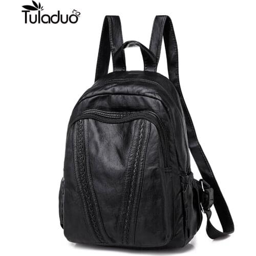 2020 Casual Women PU Backpack For Girls Feminine Knapsack School Zippers Bags For Teenagers Rucksack Backpacks Rivet Black