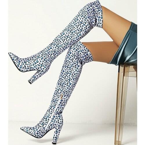 2021 Fashion Pearlescent Knee Boots Female New Style Autumn Winter Thick High Heel Boots Ladies Pointed Zipper Womens Shoes