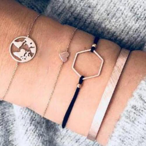 4 Pcs/ Set Multilayer Small Heart Hollow Earth Bracelets Set Geometric Link Rope Chain Gold Bracelets Set Women Daily Jewelry