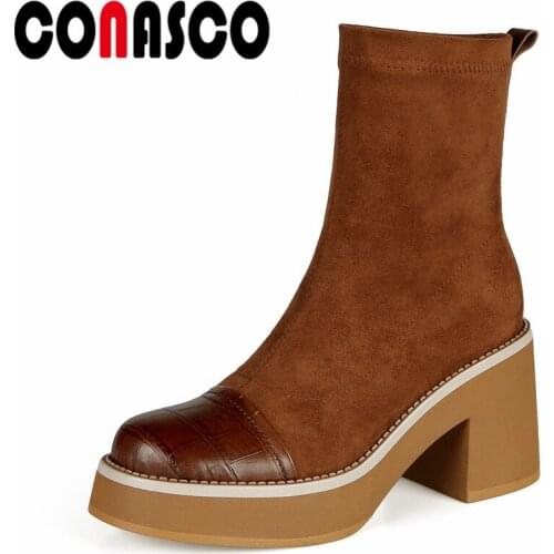 CONASCO Concise Women Ankle Boots Autumn Winter Warm Genuine Leather Causal Prom Office Lady Shoes Round Toe Shoes Woman