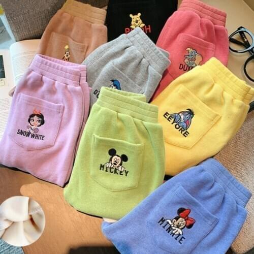 Kids Thicken Cartoon Pattern Pants Girls Autumn Winter Plus Velvet Trousers Baby Girls Minnie Boys Pants Childrens Clothing