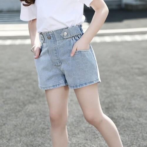Summer Baby Girls Button Denim Shorts With Pocket Kids Elastic Waits Jean Shorts For Girls Age 4 5 6 7 8 9 10 11 12 13 Years Old