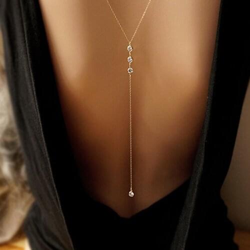 Elegant Sexy Chain Necklace One Clear Crystal in Front 4 Clear Crystals In The Back Y Shape Chain Necklace #240929