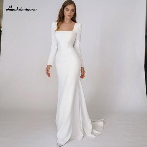Elegant Mermaid Wedding Dresses 2021 Sexy Scoop Neck Long sleeves Sweep Train Civil Bridal Gown Satin