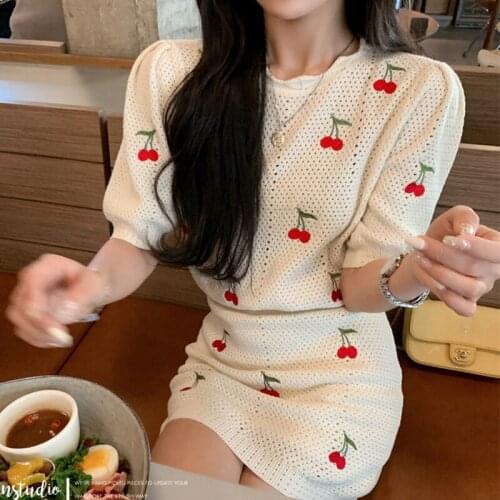 Two Piece Sets Mini Skirt V-Neck Knitting Cardigan French Gentle Wind Embroidery Little Cherry Jacket Hollow Out Short Sleeve
