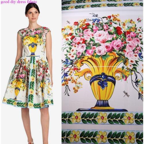 Beautiful Dress Fabric Imitate Silk Fabric Rose Flower Vase Print Fabric Quilting patchwork Sewing Material DIY Womens Dress