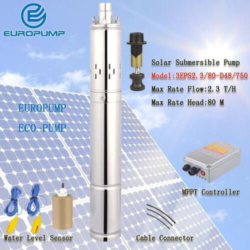EUROPUMP MODEL(3EPS2.3/80-D48/750) 2300L/H Stainless S 304 DC 48V High Head Brushless Solar Submersible Borehole Water Pump