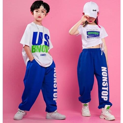 New Jazz Dance Costumes For Kids White Shirt Blue Loose Pants Girls Boys Modern Dance Hip Hop Clothing Street Dance Wear DQS6831