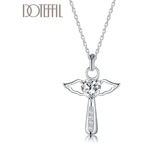 DOTEFFIL 925 Sterling Silver 18 Inch Chain Purple/White AAA Zircon Cross Heart Necklace For Women Fashion Wedding Charm Jewelry