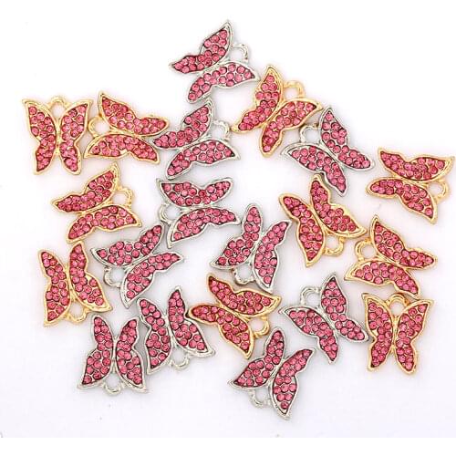 10Pcs Red Rhinestone Butterfly Charms 13*12mm Zinc Alloy Golden Metal Insect Charm Pendant For DIY Necklace Making Accessories