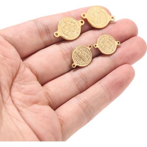 Stainless Steel Gold Connector Saint Benedict Virgin Maria Medal Cross Charm Connectors Catholic Church Medal Medallas Catolicas