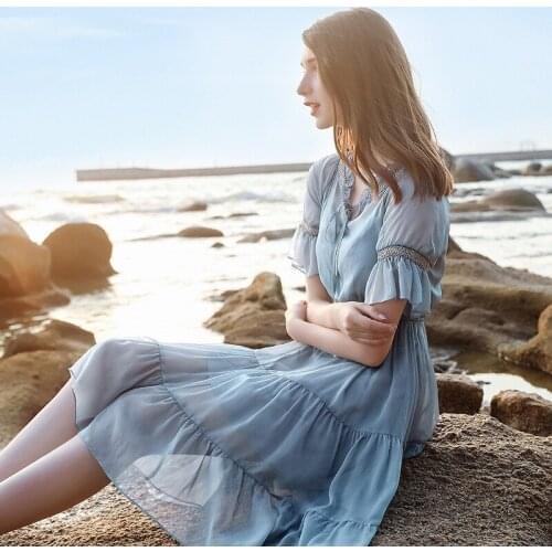 QA402 High Quality Chiffon Dress For Women Summer Beach Dresses Patchwork Holiday Elegant Dress With Ruffles Fairy Style
