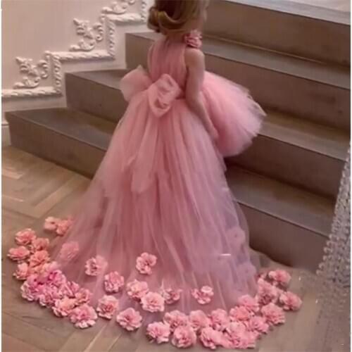 Pink Flower Girl dresses for Weddings Puffy Tulle 3D Flowers Charming Birthday Party Gown for Girl Kids Clothes