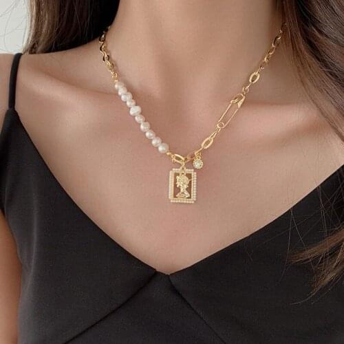 U-Magical Creative Asymmetry Hollow Rhinestone Head Portrait Pendant Necklace for Women Pearl Beaded Paper Clip Necklace Jewelry