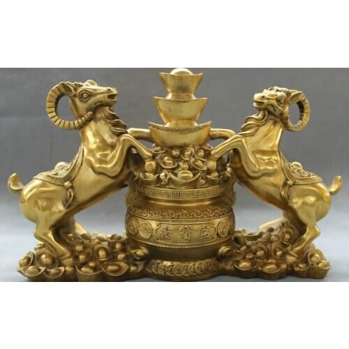 USPS to USA S1618 15" Chinese Pure Brass Folk FengShui Wealth 2 Sheep Treasure Bowl Statue Animals